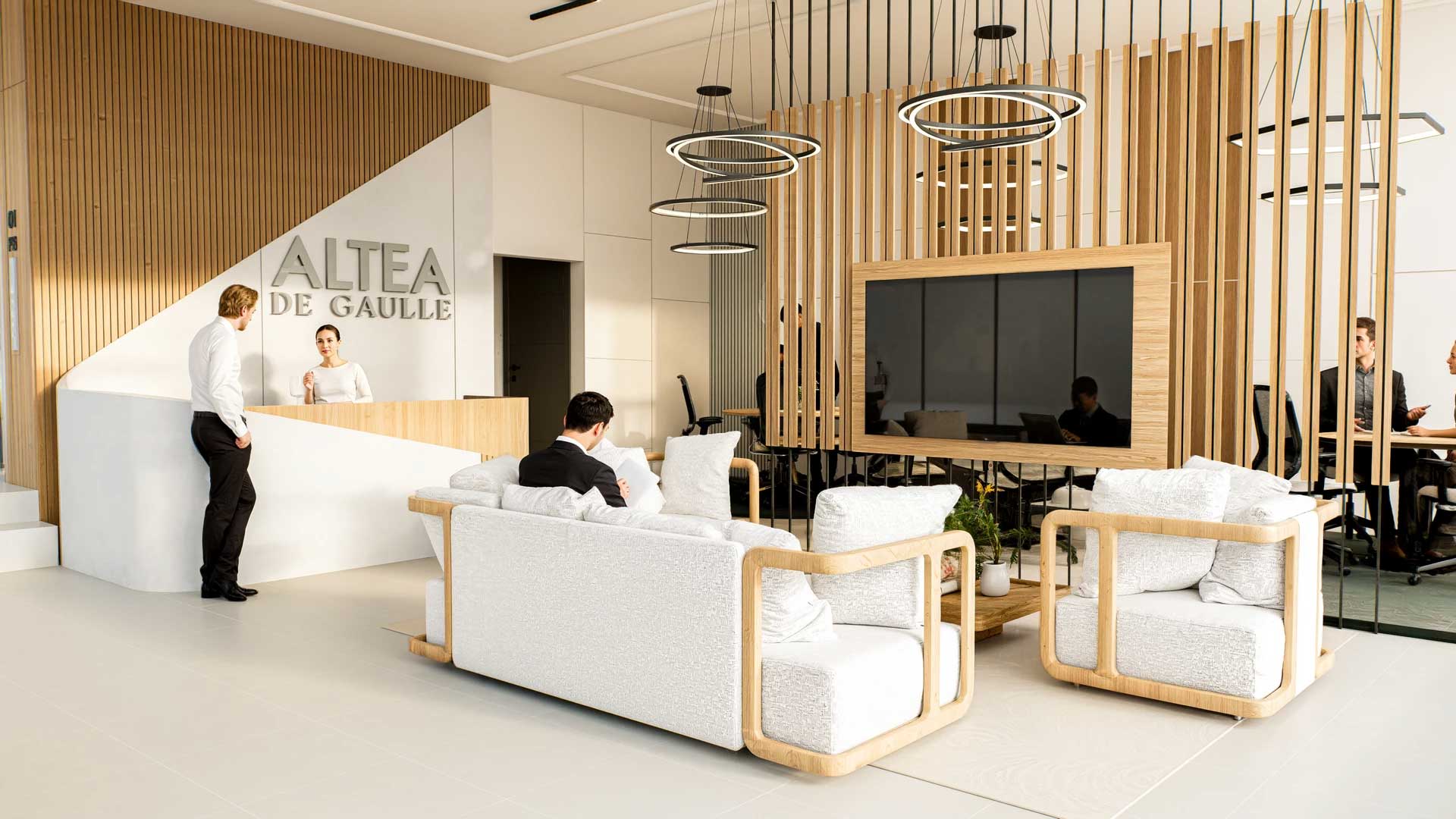 Lobby elegante de acceso con recepción